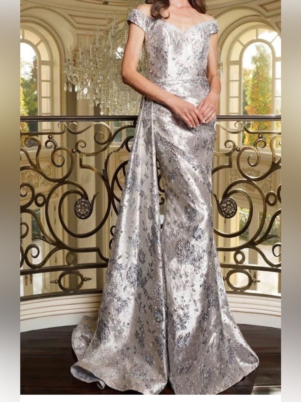 Rina diMontella Silver Off-Shoulder Metallic Maxi Gown